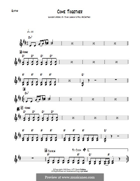 Come Together (The Beatles) instrumental version: For guitar by John Lennon, Paul McCartney