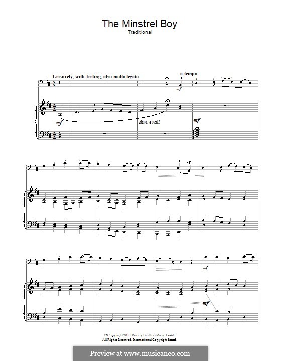 The Minstrel Boy (printable score): For cello and piano by folklore