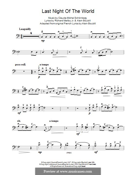 The Last Night of the World: For cello by Claude-Michel Schönberg