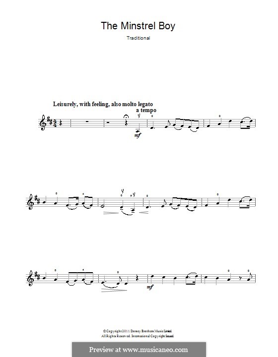 The Minstrel Boy (printable score): For violin by folklore