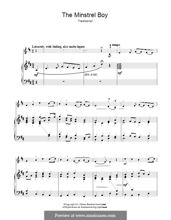 The Minstrel Boy (printable score): For violin and piano by folklore