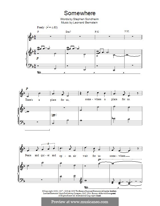 Somewhere (from West Side Story): For voice and piano (or guitar) by Leonard Bernstein
