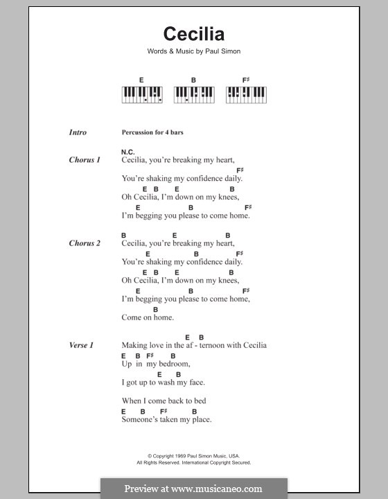 Cecilia (Simon & Garfunkel): Lyrics and piano chords by Paul Simon