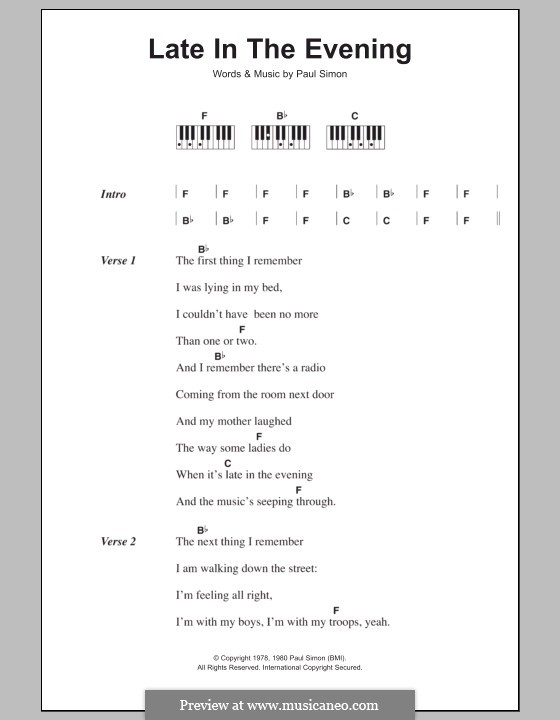 Late in the Evening: Lyrics and piano chords by Paul Simon