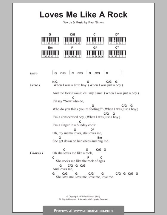 Loves Me Like a Rock: Lyrics and piano chords by Paul Simon