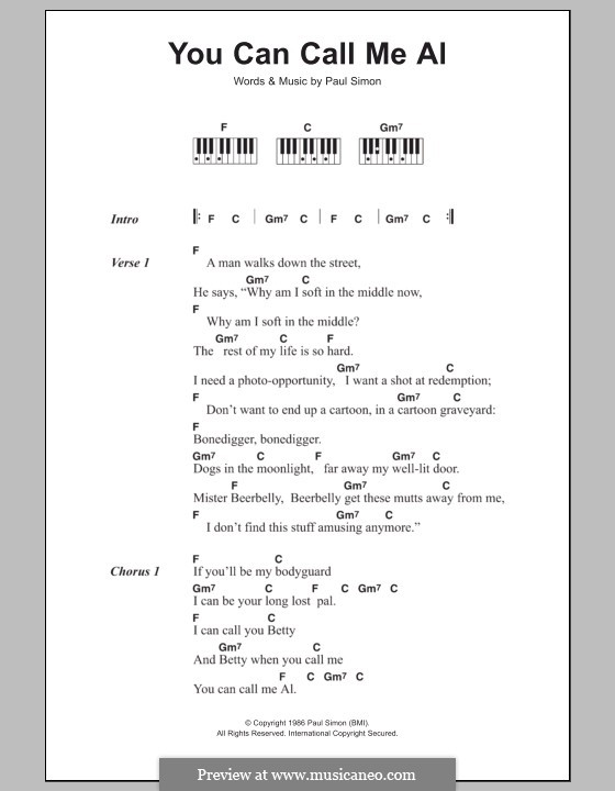 You Can Call Me Al: Lyrics and piano chords by Paul Simon