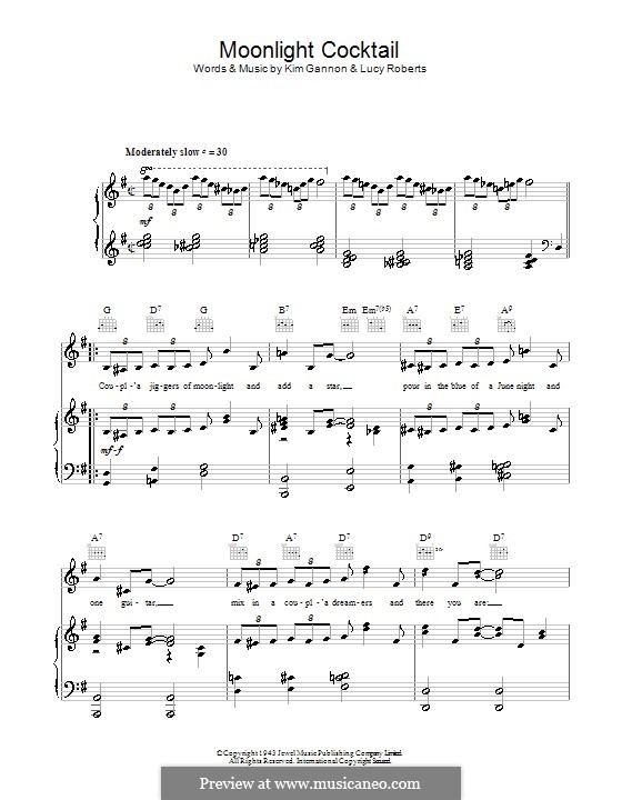 Moonlight Cocktail: For voice and piano (or guitar) by Kim Gannon, Lucy Roberts
