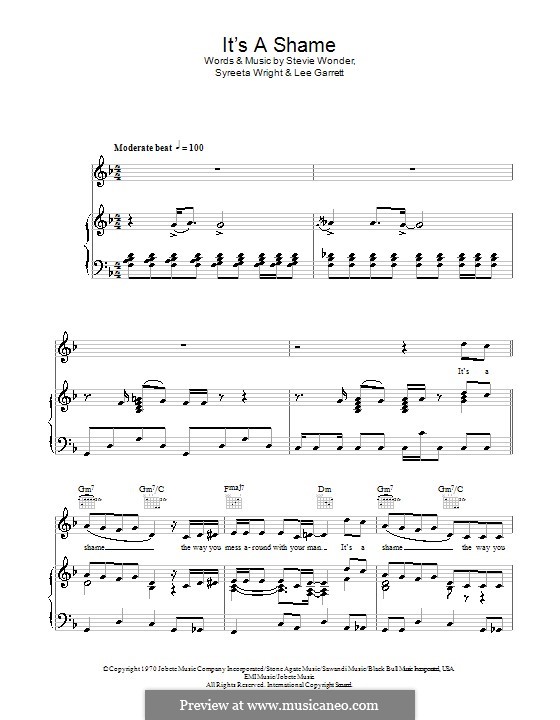 It's a Shame (The Motown Singers): For voice and piano (or guitar) by Lee Garrett, Stevie Wonder, Syreeta Wright