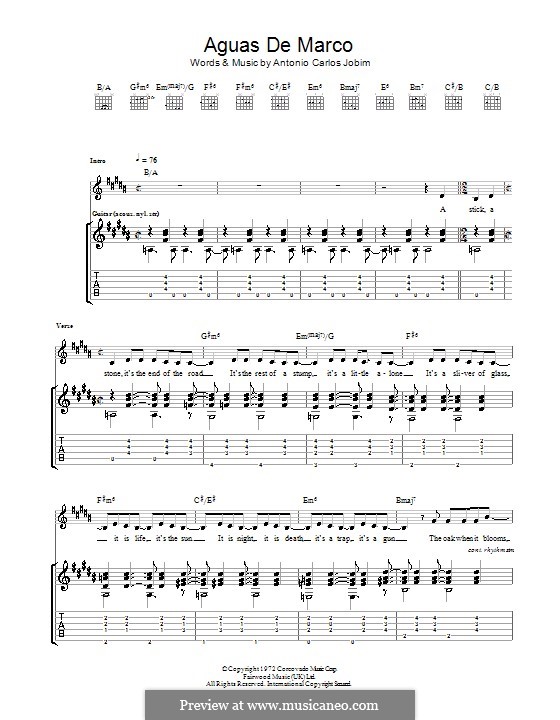 Aguas de Marco: For guitar with tab by Antonio Carlos Jobim