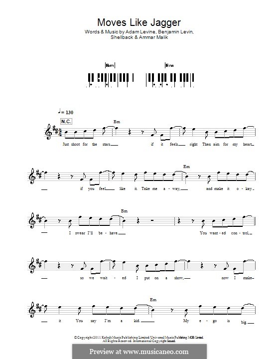 Moves Like Jagger (Maroon 5): For keyboard by Shellback, Adam Levine, Ammar Malik, Benjamin Levin