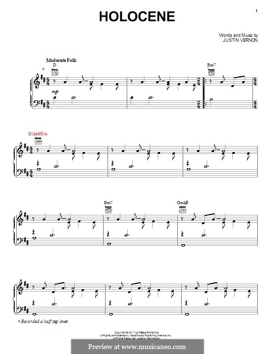 Holocene (Bon Iver): For voice and piano (or guitar) by Justin Vernon