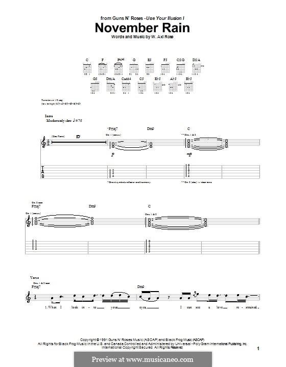 November Rain (Guns N' Roses): For guitar by W. Axl Rose