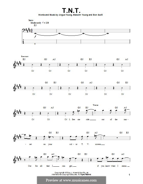 T.N.T. (AC/DC): For bass guitar with tab by Angus Young, Bon Scott, Malcolm Young