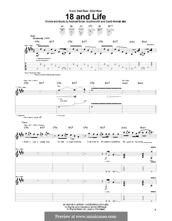 18 and Life (Skid Row): For guitar with tab by The Snake, Rachael Bolan Southworth
