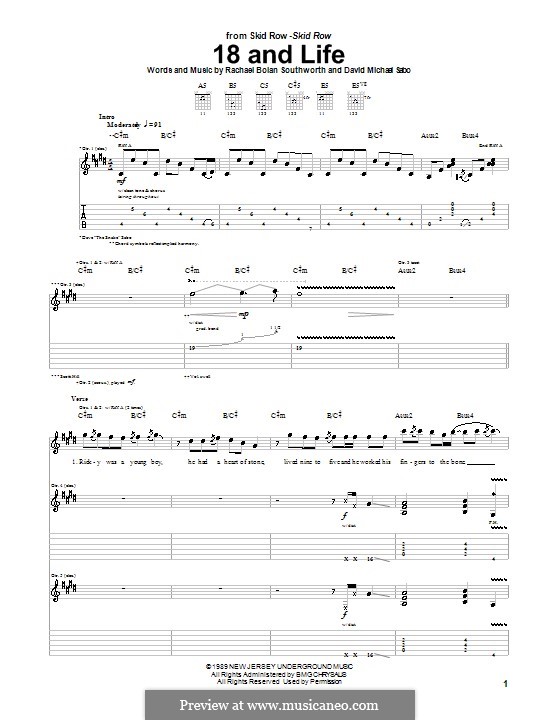 18 and Life (Skid Row): For guitar with tab by The Snake, Rachael Bolan Southworth