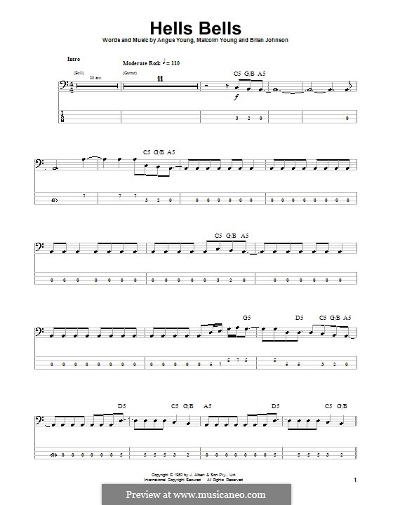 Hells Bells (AC/DC): For bass guitar with tab by Angus Young, Brian Johnson, Malcolm Young