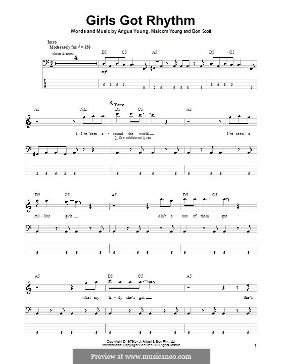 Girls Got Rhythm (AC/DC): For bass guitar with tab by Angus Young, Bon Scott, Malcolm Young