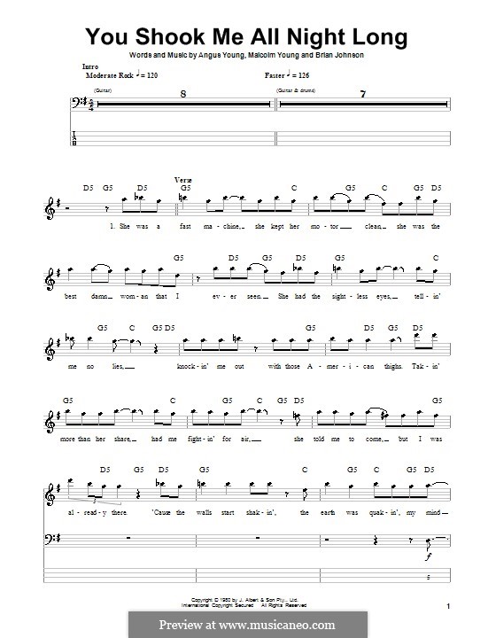 You Shook Me All Night Long (AC/DC): For bass guitar with tab by Angus Young, Brian Johnson, Malcolm Young