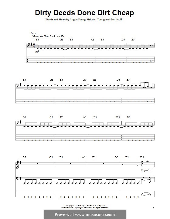 Dirty Deeds Done Dirt Cheap (AC/DC): For bass guitar with tab by Angus Young, Bon Scott, Malcolm Young