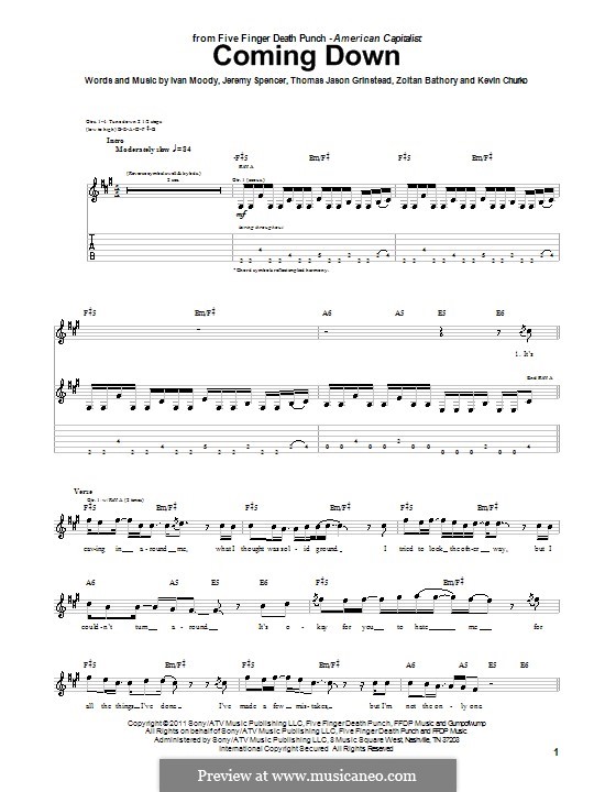 Coming Down (Five Finger Death Punch): For guitar with tab by Ivan L. Moody, Jason Hook, Jeremy Spencer, Kevin Churko, Zoltán Bathory