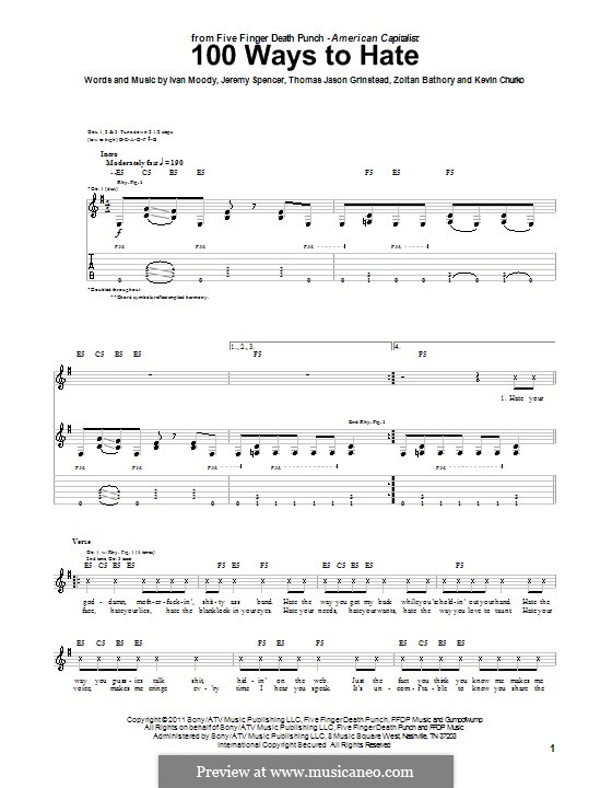 100 Ways to Hate (Five Finger Death Punch): For guitar with tab by Ivan L. Moody, Jason Hook, Jeremy Spencer, Kevin Churko, Zoltán Bathory