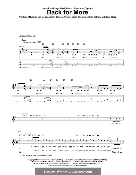 Back for More (Five Finger Death Punch): For guitar with tab by Ivan L. Moody, Jason Hook, Jeremy Spencer, Kevin Churko, Zoltán Bathory
