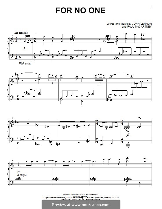 For no One (The Beatles): For piano by John Lennon, Paul McCartney