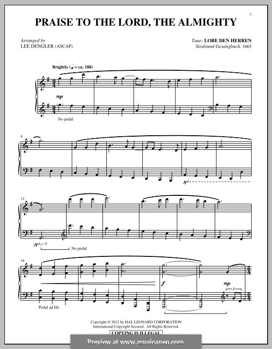 Praise to the Lord, the Almighty: For piano by Unknown (works before 1850)