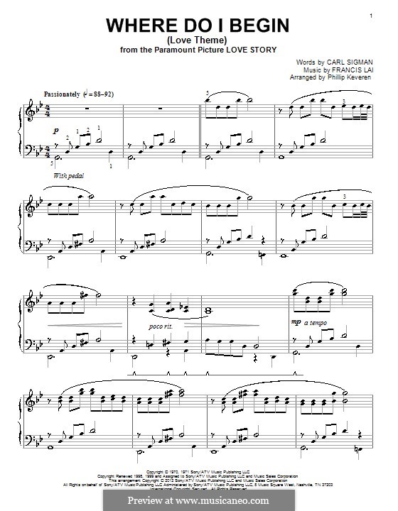 Where Do I Begin (Theme from Love Story): For piano by Francis Lai