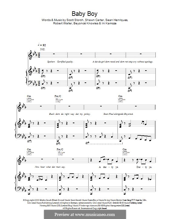 Baby Boy (Beyonce feat. Sean Paul): For voice and piano (or guitar) by Beyoncé, Robert Waller, Scott Storch, Sean Paul Henriques, Jay-Z, Ini Kamoze