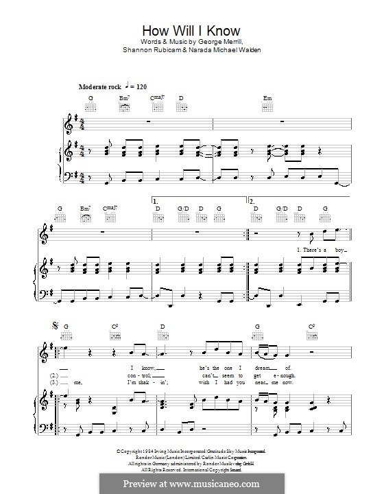 How Will I Know (Whitney Houston): For voice and piano (or guitar) by George Merrill, Narada Michael Walden, Shannon Rubicam