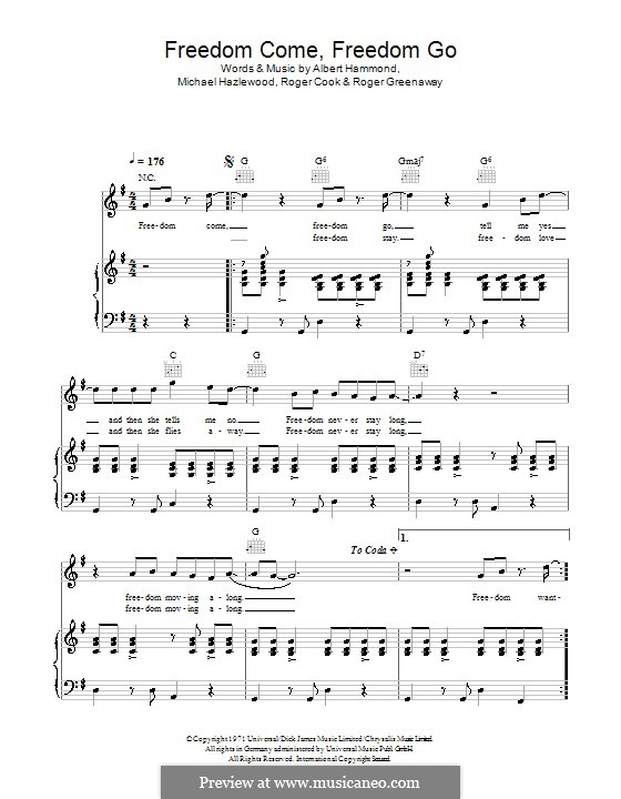 Freedom Come, Freedom Go (The Fortunes): For voice and piano (or guitar) by Albert Hammond, Mike Hazelwood, Roger Cook, Roger Greenaway