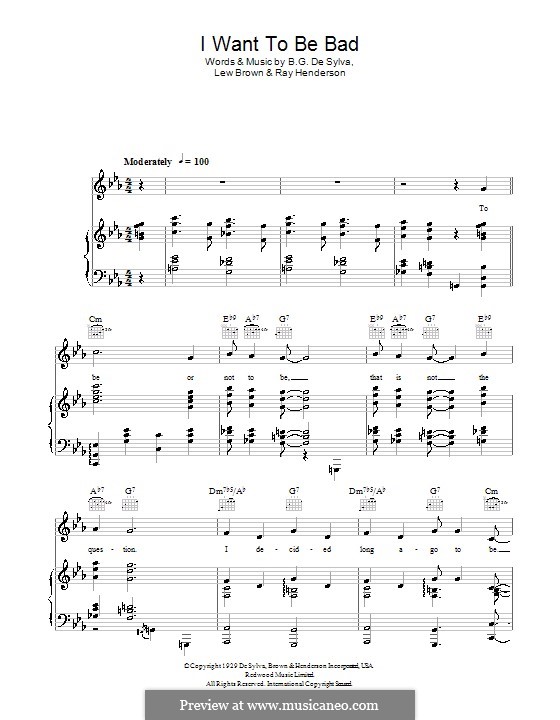 I Want to Be Bad (Blossom Dearie): For voice and piano or guitar by Ray Henderson, Lew Brown