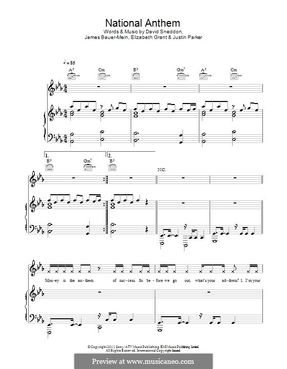 National Anthem (Lana Del Rey): For voice and piano (or guitar) by David Sneddon, James Bauer-Mein, Elizabeth Grant, Justin Parker