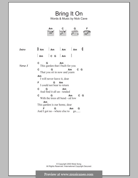 Bring It On: Lyrics and chords by Nick Cave