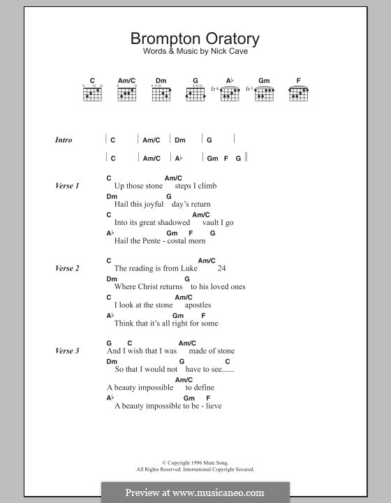 Brompton Oratory: Lyrics and chords by Nick Cave