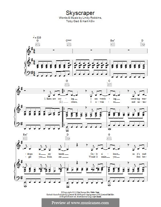 Skyscraper (Demi Lovato): For voice and piano (or guitar) by Kerli Koiv, Lindy Robbins, Tobias Gad