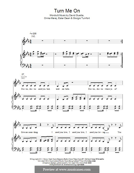 Turn Me on (Nicki Minaj): For voice and piano (or guitar) by David Guetta, Esther Dean, Giorgio Tuinfort, Onika Maraj