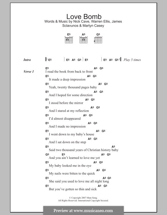 Love Bomb: Lyrics and chords by Jim Sclavunos, Martyn Casey, Nick Cave, Warren Ellis