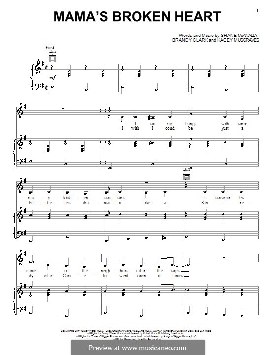 Mama's Broken Heart (Miranda Lambert): For voice and piano (or guitar) by Shane McAnally, Brandy Clark, Kacey Musgraves