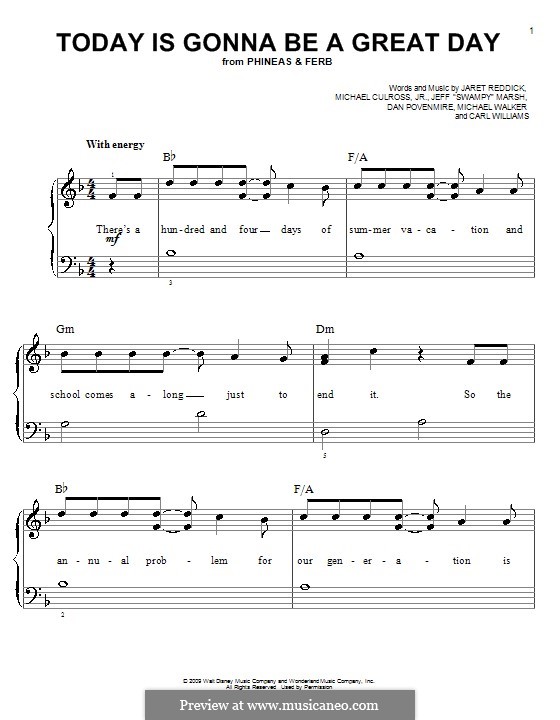 Today is Gonna Be a Great Day: For easy piano by Jaret Reddick, Michael Walker, Jeff 'Swampy' Marsh, Dan Povenmire, Michael Culross, Jr., Carl Williams