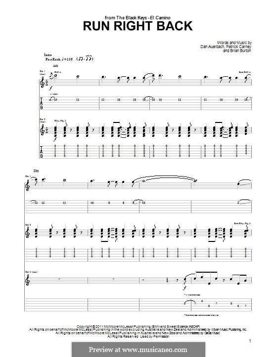 Run Right Back (The Black Keys): For guitar by Brian Burton, Daniel Auerbach, Patrick Carney
