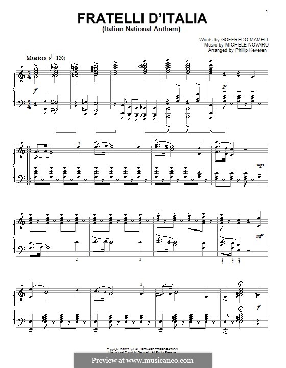 Spartito Inno Di Mameli Per Pianoforte Inno Di Mameli (Italian National Anthem) by M. Novaro on MusicaNeo