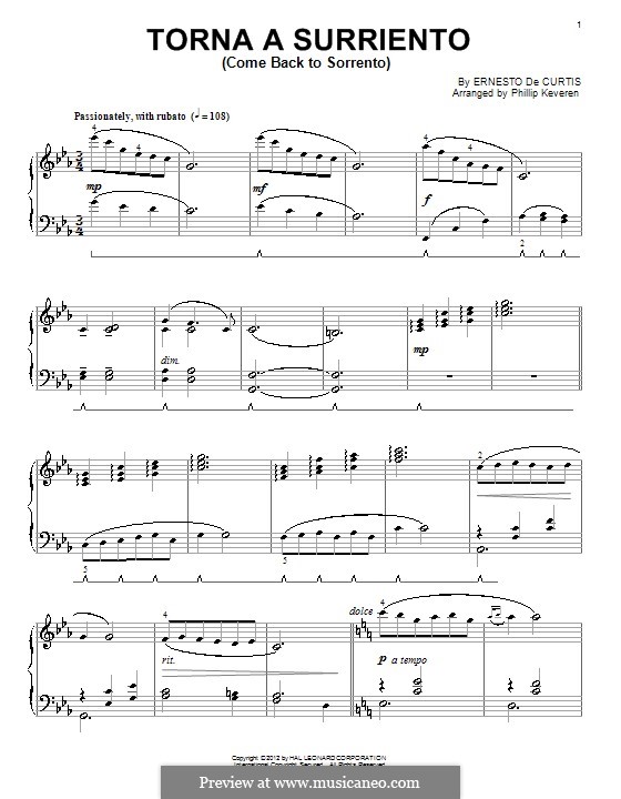 Torna a Surriento: For piano by Ernesto de Curtis