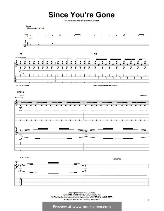 Since You're Gone (The Cars): For guitar with tab by Ric Ocasek