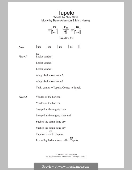 Tupelo: Lyrics and chords by Barry Adamson, Mick Harvey