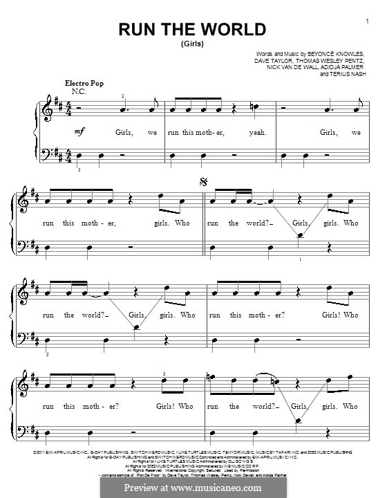 Run the World (Girls): For piano (Glee Cast) by Beyoncé, Adidja Palmer, Dave Taylor, Nick van de Wall, Terius Nash, Diplo