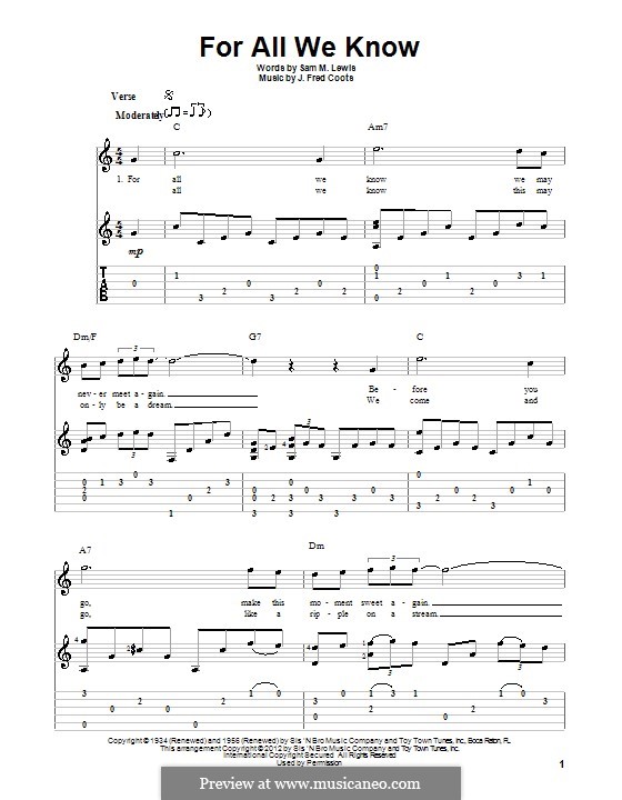 For All We Know: For guitar by J. Fred Coots