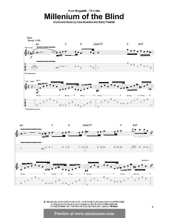 Millenium of the Blind (Megadeth): For guitar by Dave Mustaine, Martin Friedman