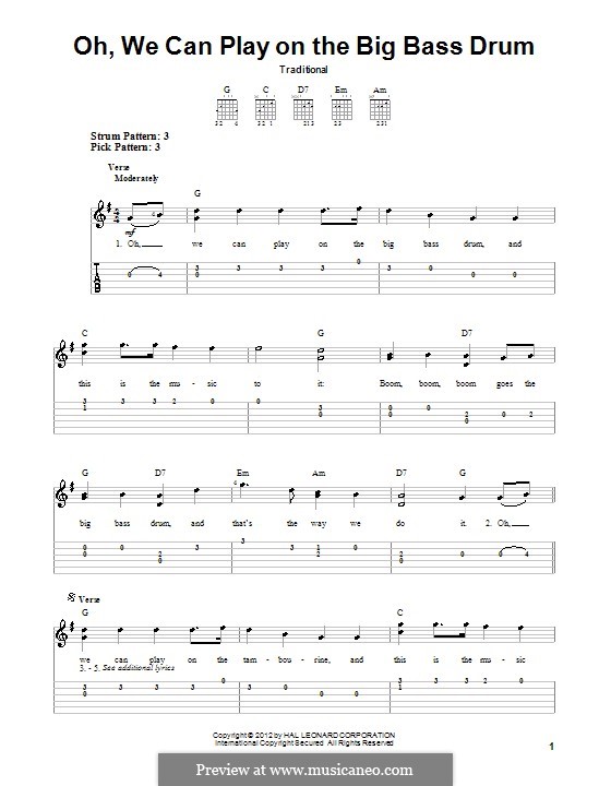 Oh, We Can Play on the Big Bass Drum: For guitar with tab by folklore